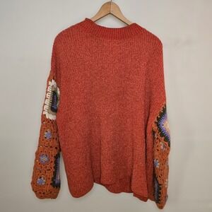 POL Orange Boho Granny Square Crochet Sleeve Knit Sweater Pullover - Medium